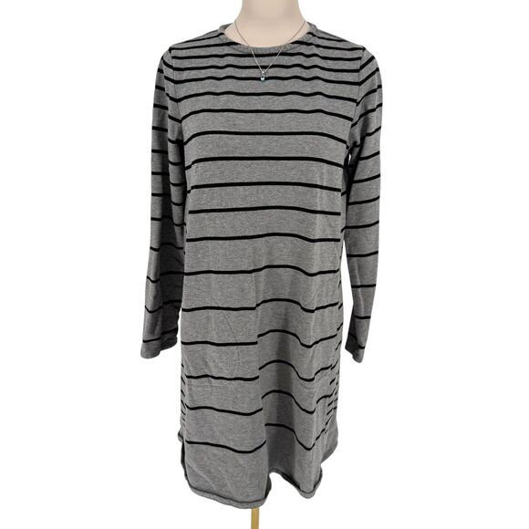 J. Jill Stripe Dress Medium TALL Gray Terry Cotton Long Sleeve Pockets Boho Warm - Picture 4 of 13